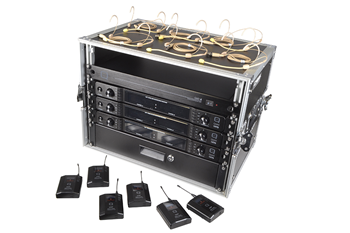 6 Way Wireless Microphone Set with Belt packs and Headsets Racked Ready to Use